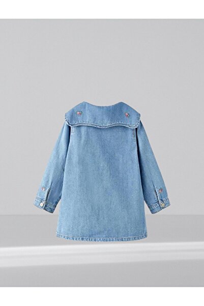 Zehrace Çiçek Detay Nakışlı Denim Elbise
