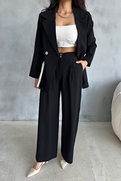 Ortaya Çık Linen Palazzo Black Pants and Jacket Set