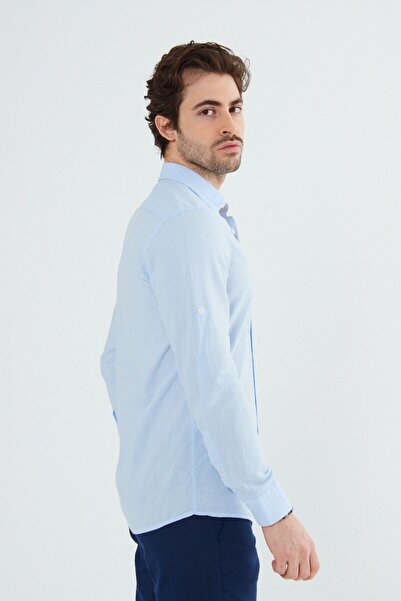 RAVANELLI Cămașă pentru bărbați, albastră, slim fit, cu guler cu nasturi, aspect de in, 100% bumbac