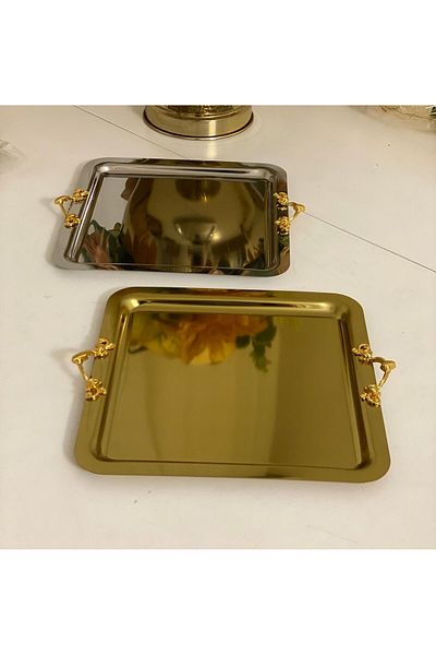 Elzemm store Gold and Silver Square Mini Handled 2-Piece Service and Presentation Tray