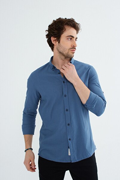 RAVANELLI Men's Indigo Slim Fit Slim Fit Buttoned Collar Linen Look 100% Cotton Flared Shirt