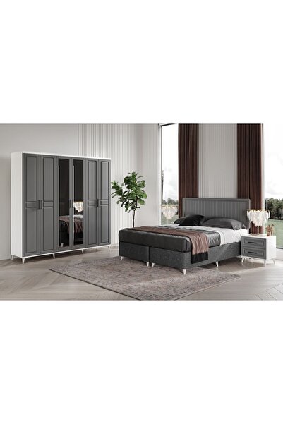 GuneyStore Komple MDF Sport 6 Kapaklı Antrasit-Beyaz Yatak Odası Takımı Baza Dahil