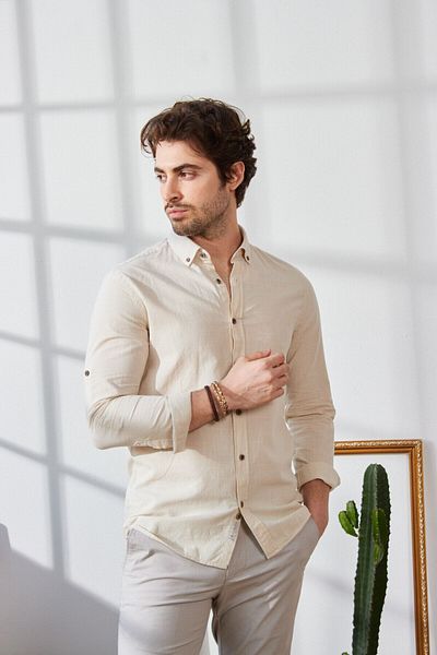 RAVANELLI Sarte - Ανδρικό μπεζ Slim Fit Slim Fit με κουμπιά πέτο λινό πουκάμισο 100% βαμβακερό