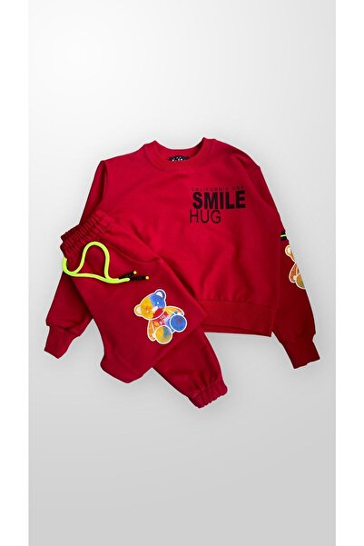 THE KOGO Çocuk Kırmızı Cepli Neon Ayıcık Baskılı %100 Pamuk Yazılı Eşofman Takımı