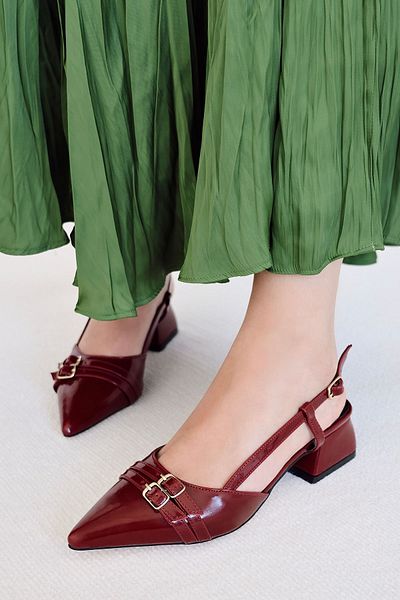 POLKA STORE More Patent Leather Open Back Pointed Toe Helmet Short Block Heeled Mary Jane Women's Shoes