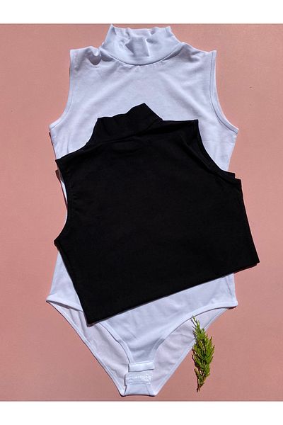 LEYNA BUTİK Black and White Women's Athlete-body - 2 Pieces, Cotton and Lycra, Turtleneck