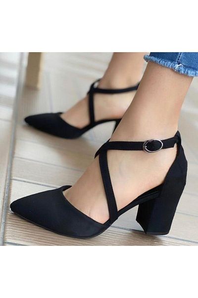 Demashoes Pantofi cu toc clasic Cross din piele intoarsa neagra de dama