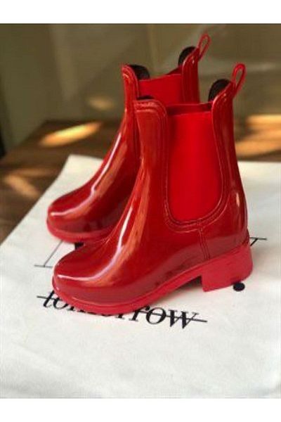 Demashoes Red Elastic Flat Short Rain Boots