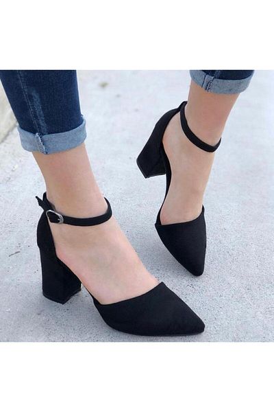 Demashoes Pantofi cu toc din piele întoarsă neagră de damă 