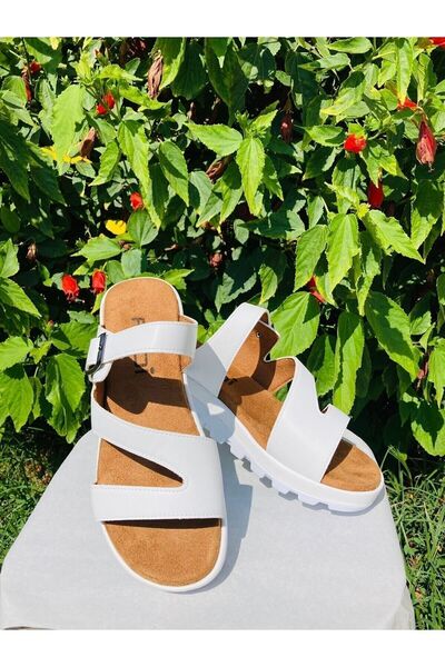 Demashoes Papuci albi cu cataramă cu talpă Fuspet pentru femei