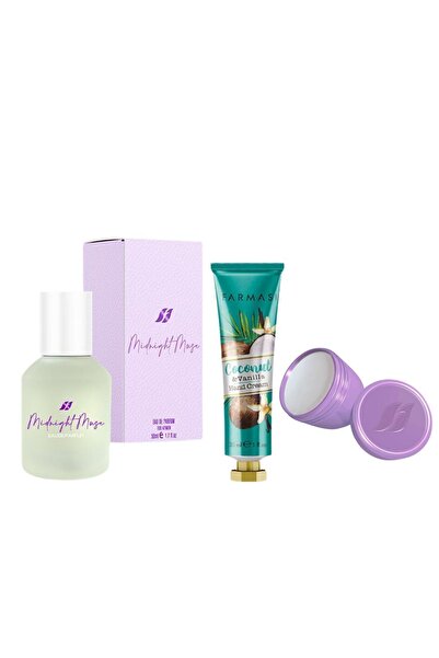 Farmasi Midnight Muse Kadın Parfüm Edp + Hındıstan Cevızı & Vanılya El Kremi + Perfecting Balm Bluebery seti
