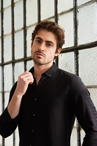 RAVANELLI Men's Black Slim Fit Slim Fit Buttoned Collar Linen Look 100% Cotton Flared Shirt