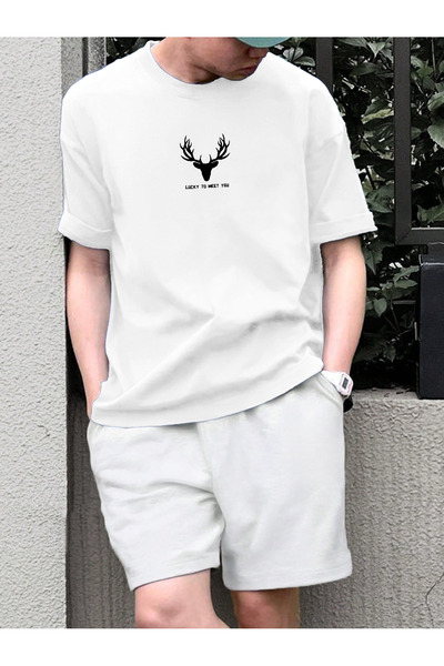 coolart طقم تي شيرت وشورت أبيض من Lucky Deer - رقبة دائرية، مطبوع