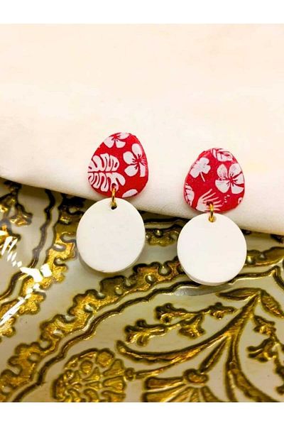 Karşı Köyden Red and White Polymer Clay - Special Design Earrings with Flower Detail