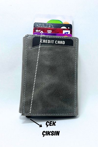 Parscraft Suport pentru carduri portofel cu mecanism automat Crazy Grey din piele naturală 100%.