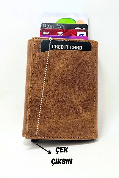 Parscraft Suport pentru carduri portofel cu mecanism automat Crazy Sand din piele naturală 100%.