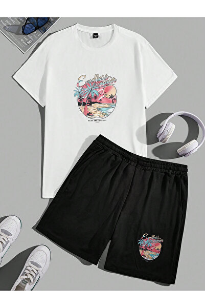coolart Endless Summer - طقم تي شيرت وشورت أبيض أسود، رقبة دائرية مطبوعة