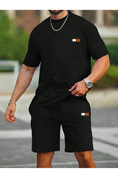 coolart Set de tricou și pantaloni scurți negru cu logo Paris Stripe - Decolteu