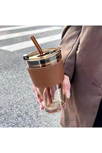 BLUE SİDE 450ml Isıya Dayanıklı Pipetli Borosilikat Retro Deri Şeritli Bardak | Kahve Sunum Bardağı - 1 Adet