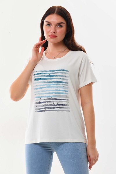 Sistas Women's Stone Detailed Patterned Short Sleeve Blouse 23165 Ecru