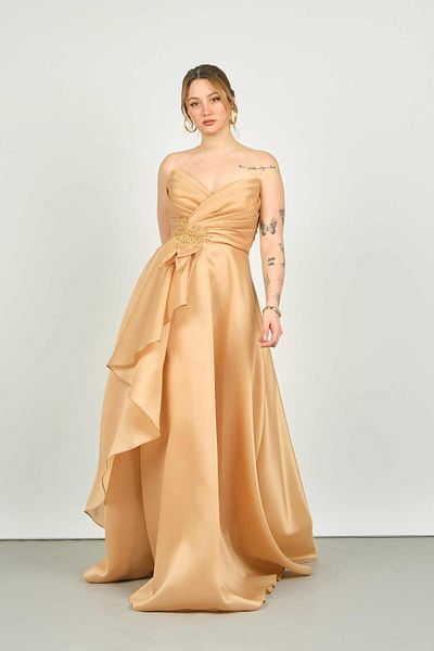 Maxra Govana Women's Strapless Waist Part Embroidered Ruffle Detailed Long Evening Dress 6581 Gold