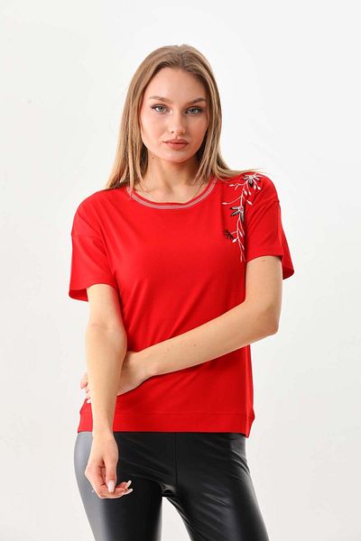 Sistas Women's Floral Embroidered Short Sleeve Blouse 23114 Red