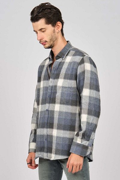 De Leone Men's Striped Long Sleeve Wool Finished Shirt 0171101 Ecru