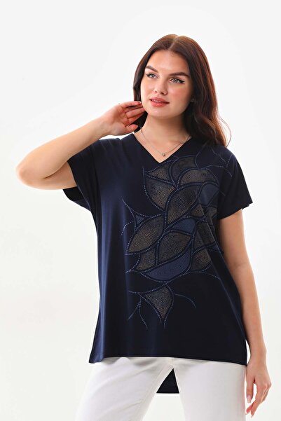 Sistas Women's Silvery Printed V-Neck Short Sleeve Blouse 23296 Navy Blue