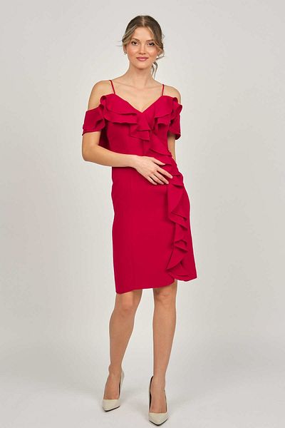 ŞEREF VURAL Women's Ruffle Detailed Rope Strap Evening Dress 5437759 Red