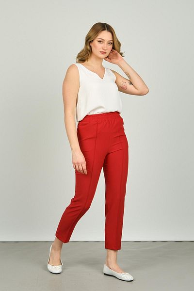 F&A Textile Women's Ankle Length Front Line Stitching Skinny Fit Trousers 6000 Red
