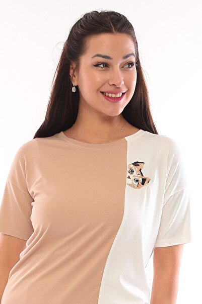 Sistas Дамска блуза с къс ръкав и кръгло деколте 3049 цвят Камилски