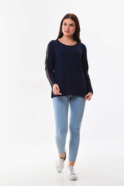 Sistas Women's Sleeves Mesh Crew Neck Long Sleeve Blouse 20162 Navy Blue