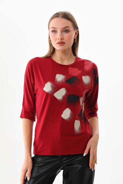 Sistas بلوزة نسائية منقوشة برقبة دائرية 23582 أحمر كلاريت