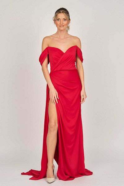 ŞEREF VURAL Women's Low Shoulder Long Evening Dress 5437987 Red