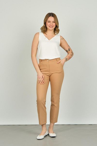 F&A Textile Women's Double Pocket Ankle Length Skinny Leg Trousers 7002 Camel