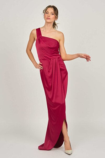 DORİDORCA فستان سهرة طويل بكتف واحد للنساء 5922073 أحمر كلاريت