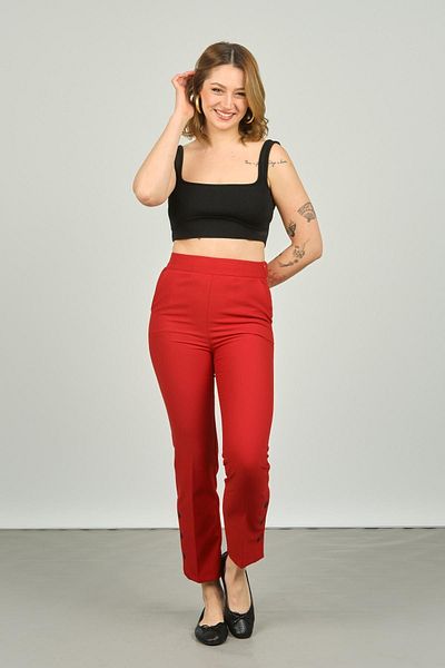 F&A Textile Women's Buttoned Slim Fit Trousers 6001 Red