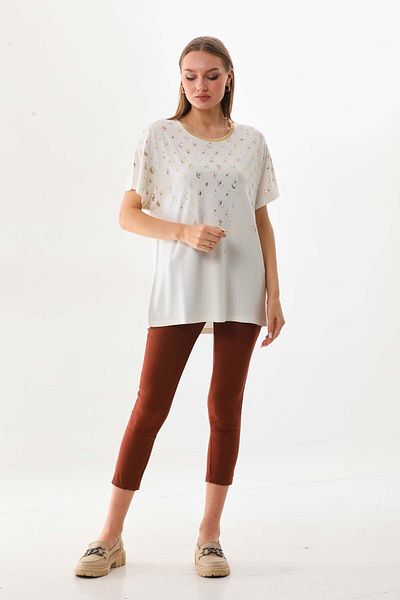 Büşra Triko Women's Patterned Short Sleeve Combed Cotton Blouse 19152 Ecru