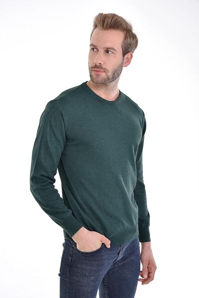 Çizgi Triko Ανδρικό πουλόβερ με λαιμόκοψη Angora Rabbit Wool Khaki Regular Fit