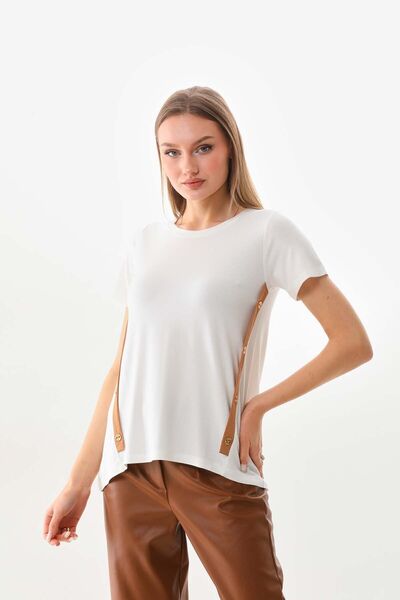 Sistas Women's Button and Stripe Detailed Short Sleeve Blouse 23119 Ecru-Camel