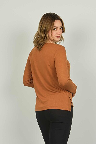 Sistas Γυναικεία Μακρυμάνικη Μπλούζα με Στολίδι Κουμπί 23538 Camel