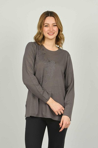 Detay Triko Women's Crew Neck Patterned Long Sleeve Blouse 4595 Gray