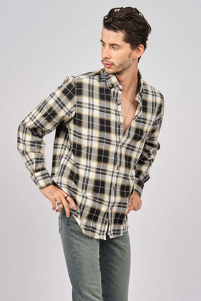 De Leone Men's Striped Long Sleeve Wool Finished Shirt 0171109 Ecru