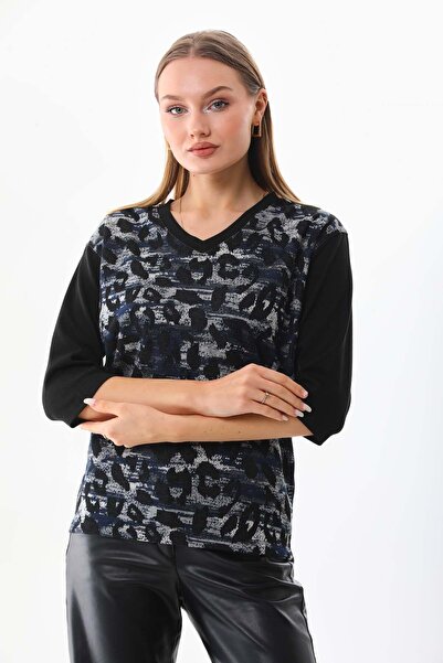 Sistas Γυναικεία μπλούζα με μοτίβο με λαιμόκοψη V 23649 Μαύρη