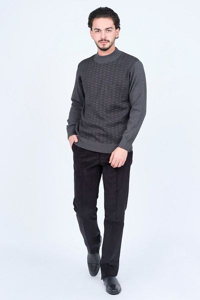 Ateş Triko Men's Half Fisherman Patterned Wool Sweater 6092074 Dark Gray