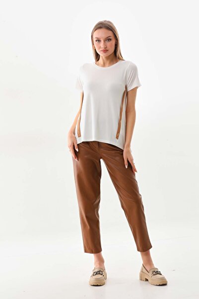 Sistas Women's Button and Stripe Detailed Short Sleeve Blouse 23119 Ecru-Camel