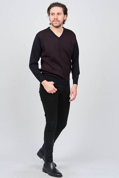 Woolen World Men's V-Neck Patterned Wool Sweater 5596832 Claret Red