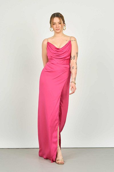 DORİDORCA Doridorca Women's Degaje Collar Evening Dress 4116 Fuchsia