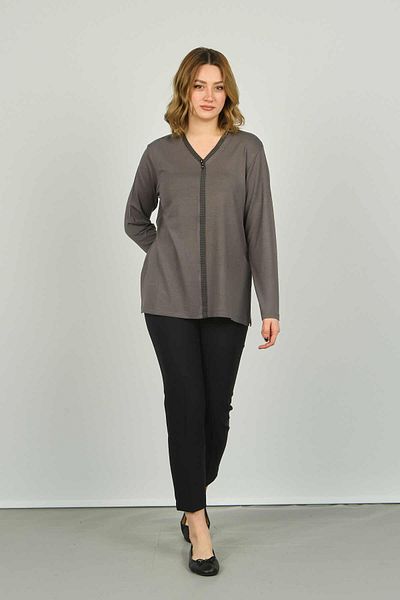 Detay Triko Women's V-Neck Stone Detailed Long Sleeve Blouse 4506 Gray