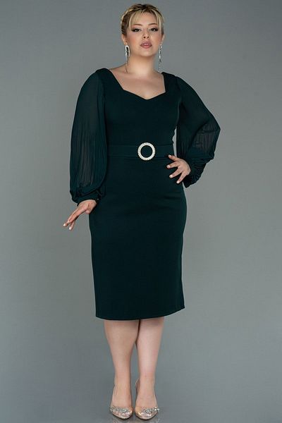 Dans Women's Long Sleeve Belted Midi Plus Size Evening Dress 1481 Emerald